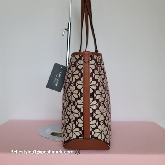 KATE SPADE Spade-Flower Jacquard and Leather Medium Open Tote- Burgundy Multi⭐ - Picture 9 of 16